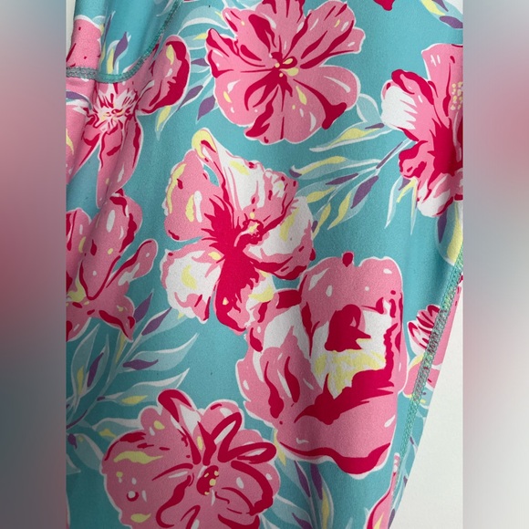 Simply Southern Women’s Pink & Aqua Tropical Floral Athletic Leggings, Large - Picture 2 of 7